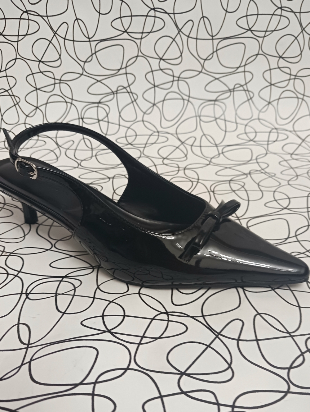 Black Patent Slingback Pointed Toe Kitten Heel Size 7.5